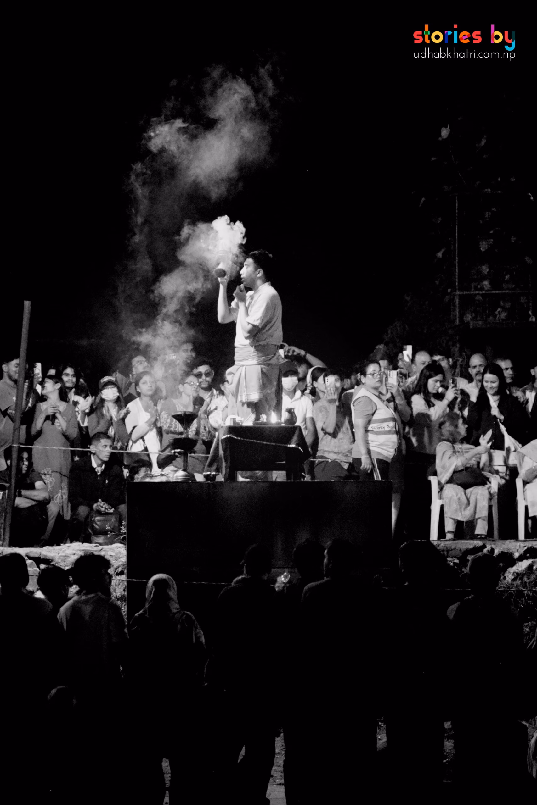 Smoke and temple light during the Aarati ceremony